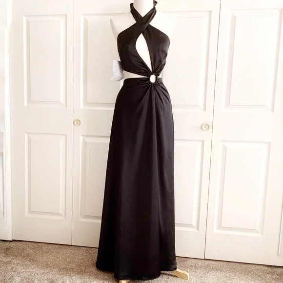 revolve black silk dress Black Satin Floor Length Dresses